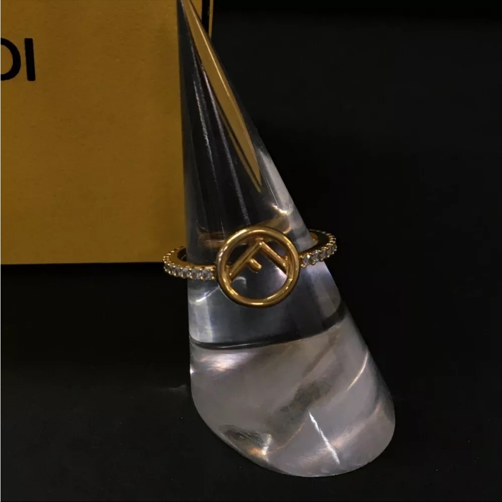 Fendi Gold Tone Ring with Crystal Accents